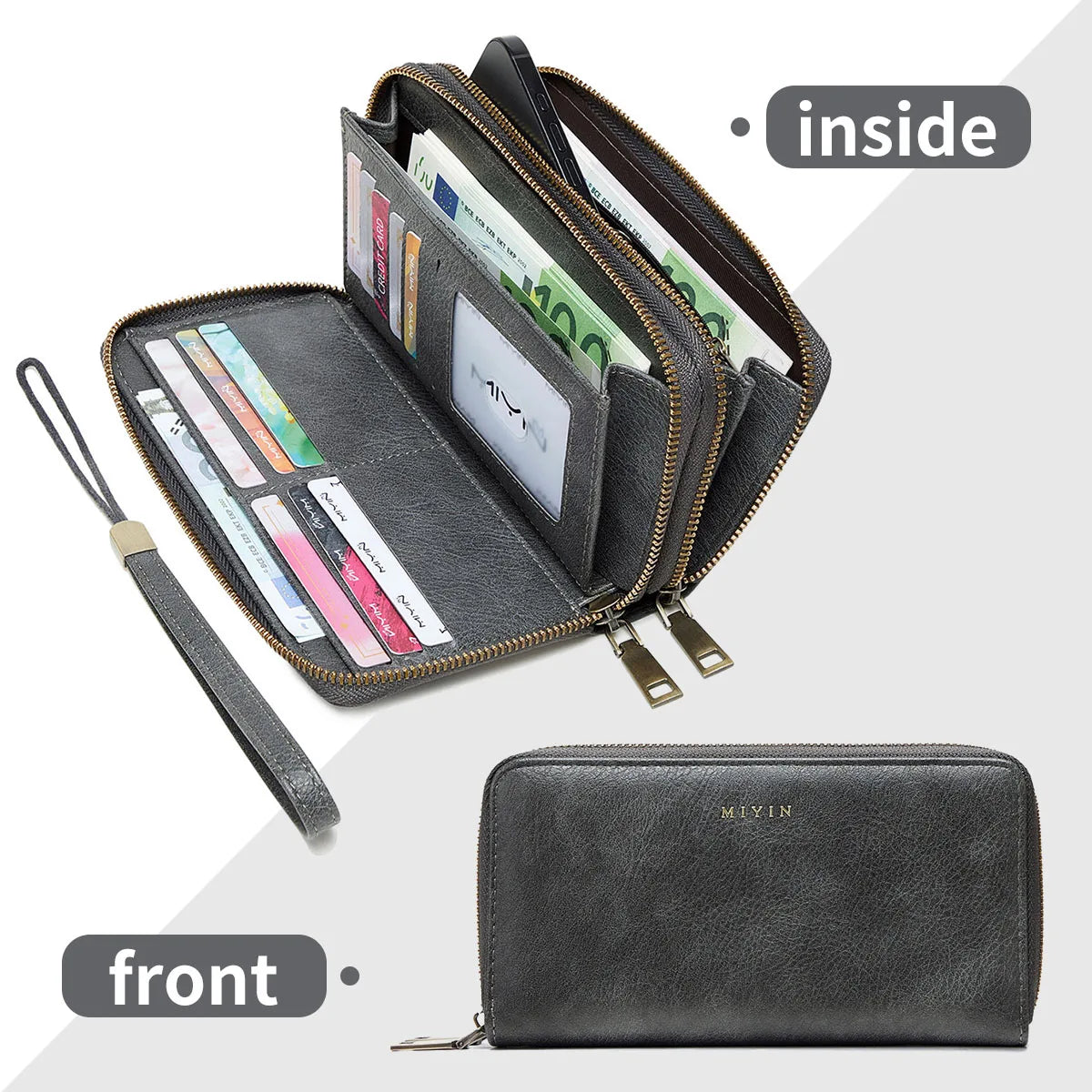 A black vintage double-zipper RFID blocking wallet shown with the inside and front views.