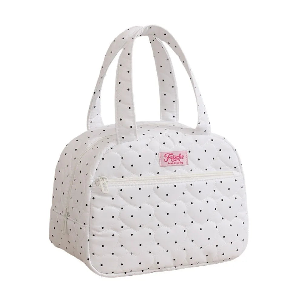 White quilted insulated lunch tote bag with handles and a zippered pocket