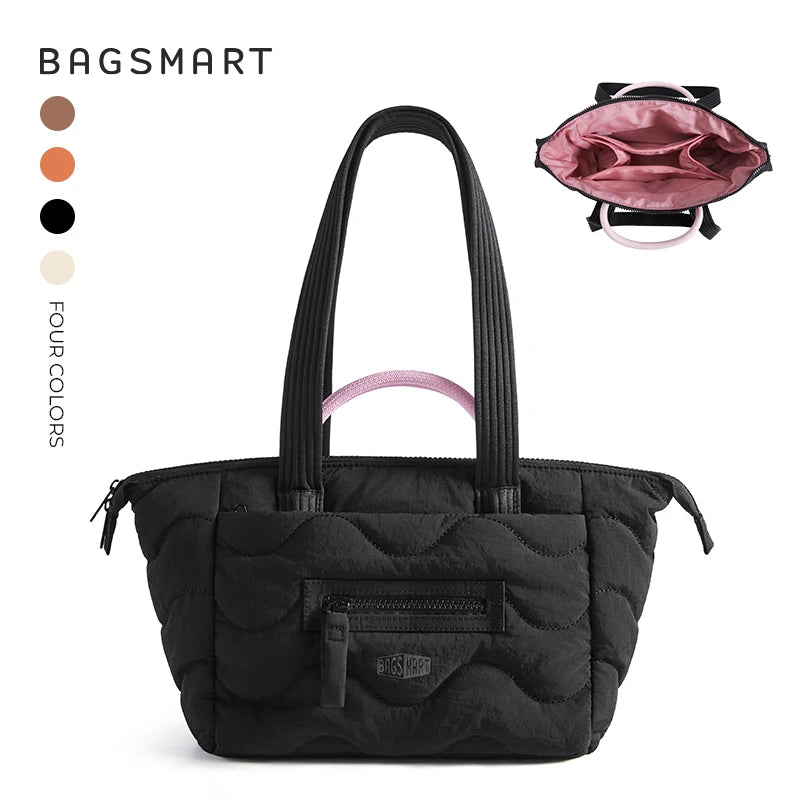 Black quilted tote bag with a pink detachable strap shown next to a folded version.