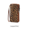 A brown leopard print RFID-blocking tri-fold wallet with a leather wrist strap.