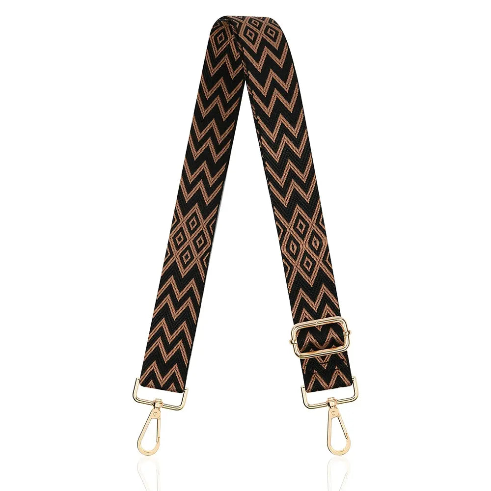 A black and gold chevron patterned nylon strap for an adjustable crossbody bag.