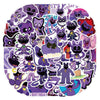 A collection of smiling critter stickers featuring purple and black cats in various poses.