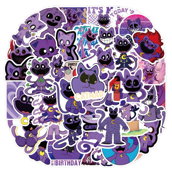 A collection of smiling critter stickers featuring purple and black cats in various poses.