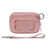 A pink multi-functional zipper wallet with a clear window and a leather keychain strap.