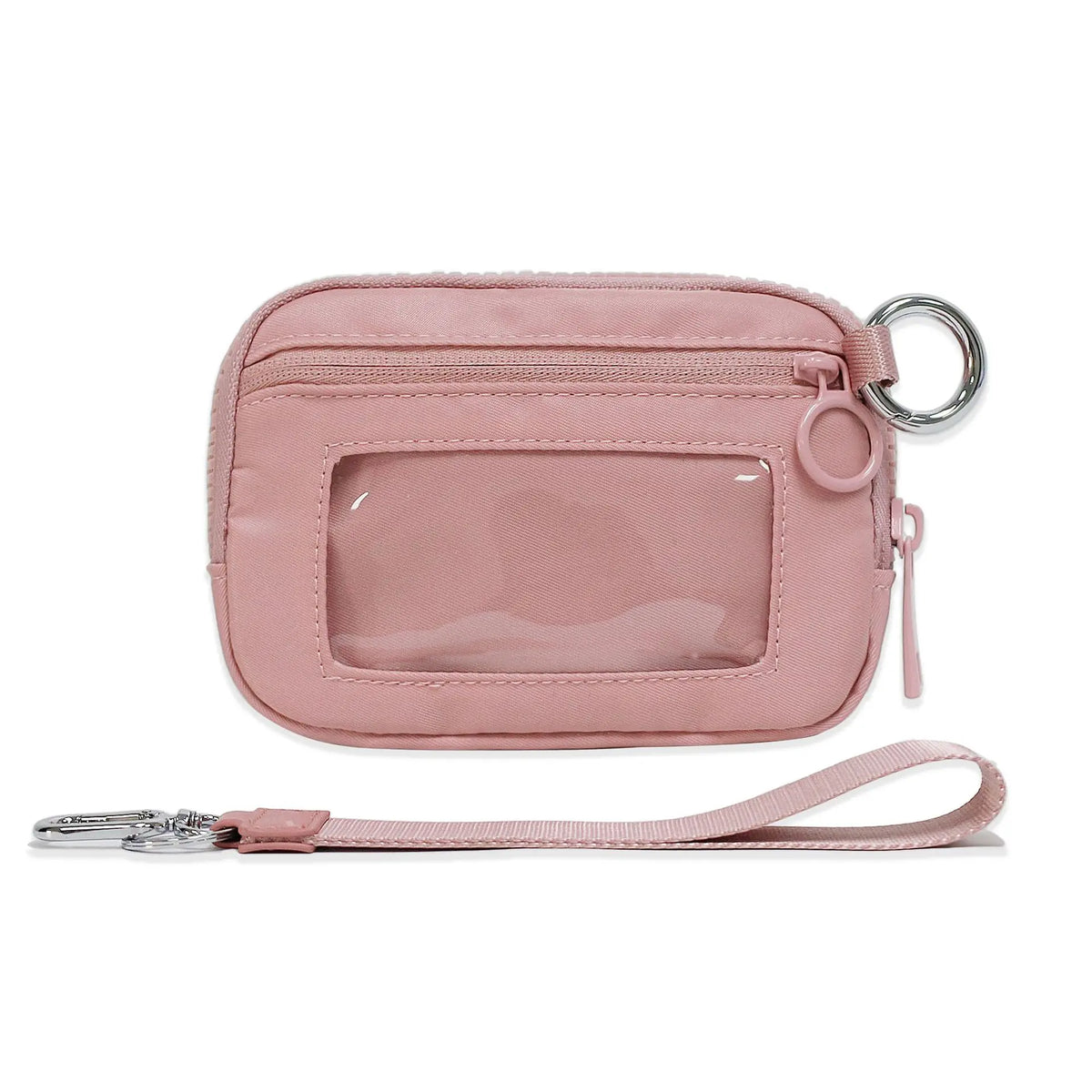 A pink multi-functional zipper wallet with a clear window and a leather keychain strap.