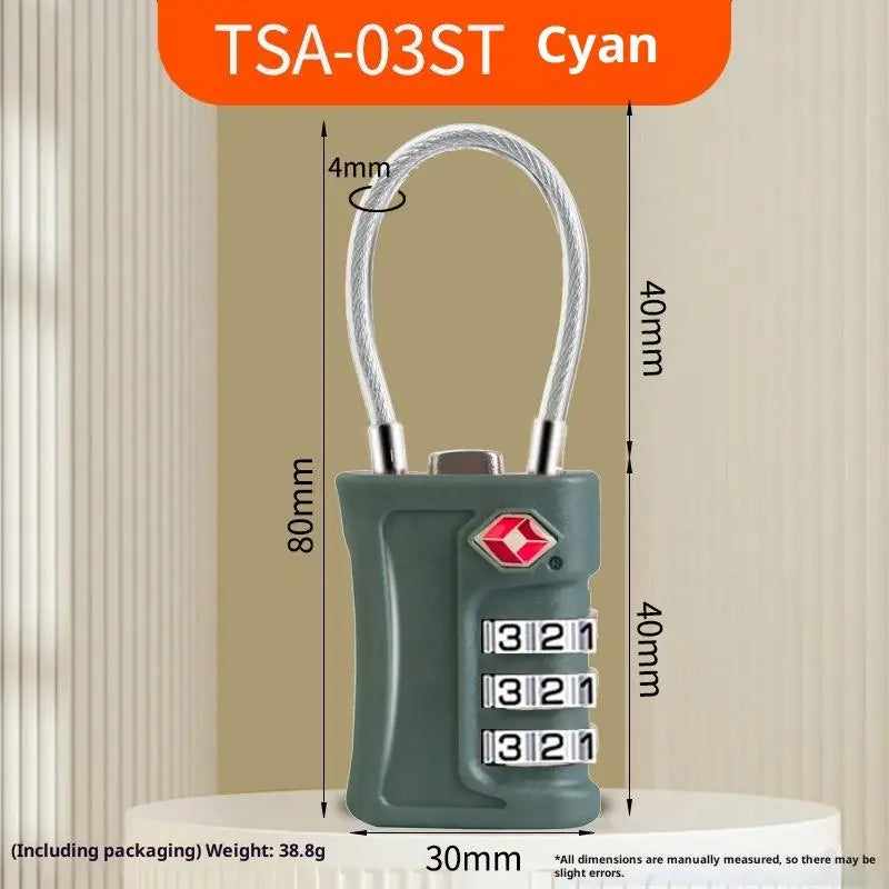 TSA-03ST Cyan tragbares Reisegepäckschloss in dunkelgrüner Hülle mit silbernem Scharnier und nummerierten Ziffern.