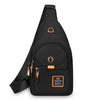 Black compact oxford crossbody sling bag with orange accents and a sporty logo.