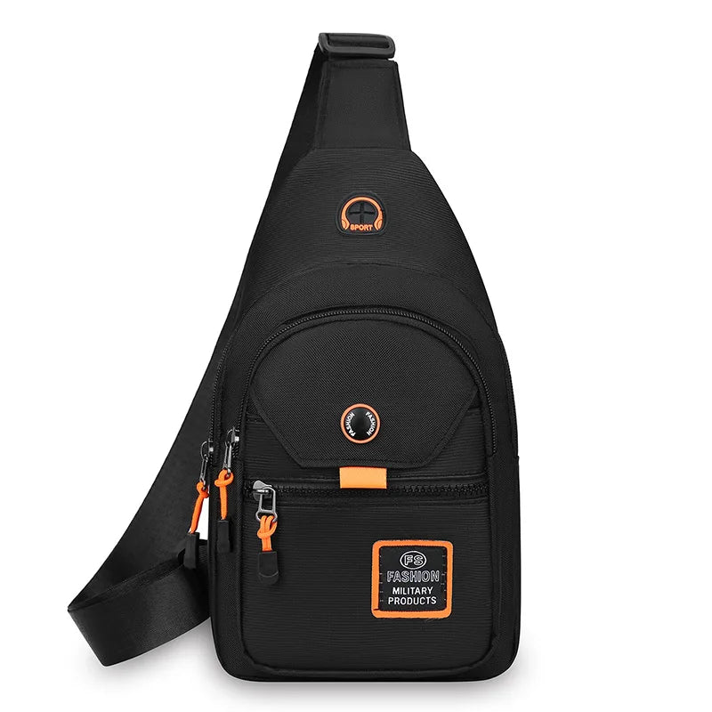 Black compact oxford crossbody sling bag with orange accents and a sporty logo.