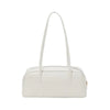 A white glossy PU leather tote bag with dual straps shown from the front.