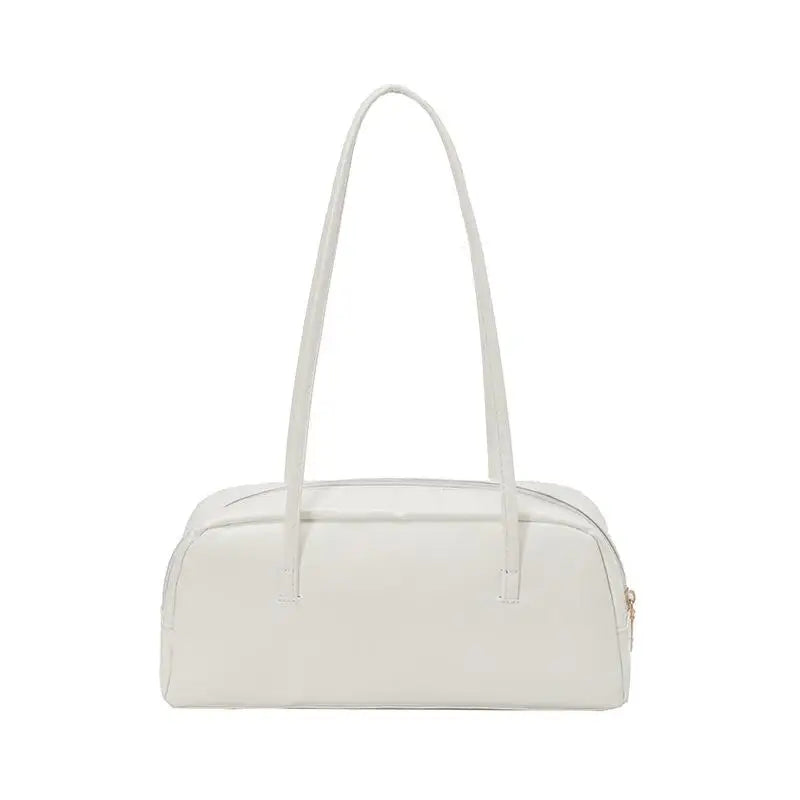 A white glossy PU leather tote bag with dual straps shown from the front.