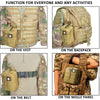 Tactical EDC first aid kit shown on a vest, belt, and molle panel for various activities.