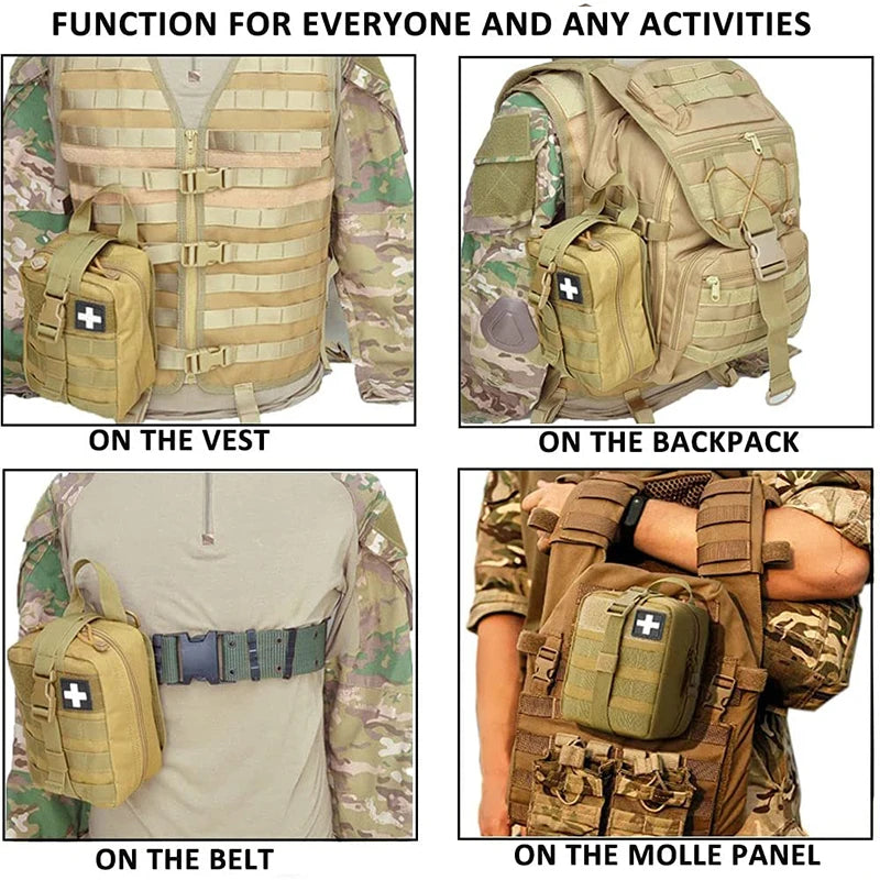 Tactical EDC first aid kit shown on a vest, belt, and molle panel for various activities.