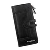 Black leather wallet with a flap closure and branding on the bottom.