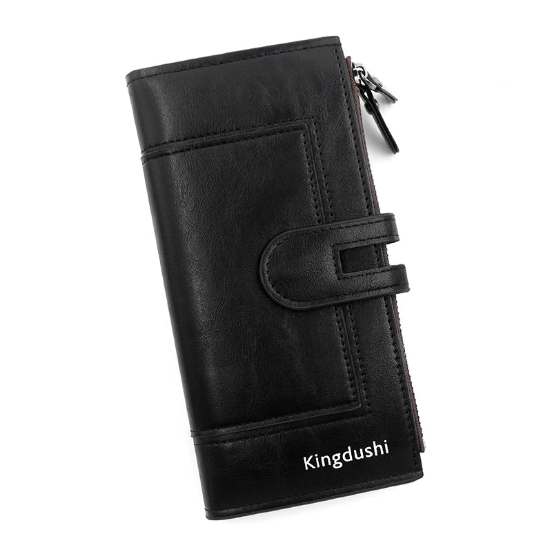 Black leather wallet with a flap closure and branding on the bottom.