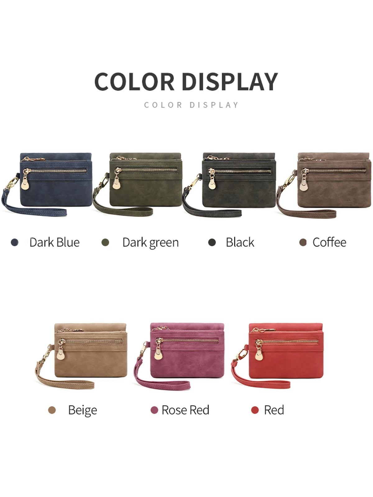 A display of retro PU leather double fold wallets in various colors including dark blue, dark green, black, coffee, beige, ro