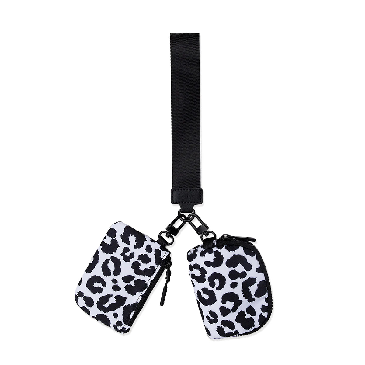 Black strap with two leopard print mini nylon zipper wristlet pouches attached.