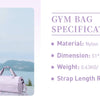 A woman is shown holding a gym bag and a pink duffel bag with specifications for the bag.