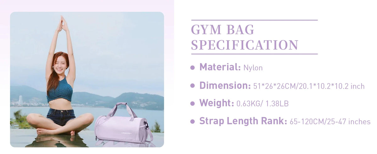 A woman is shown holding a gym bag and a pink duffel bag with specifications for the bag.
