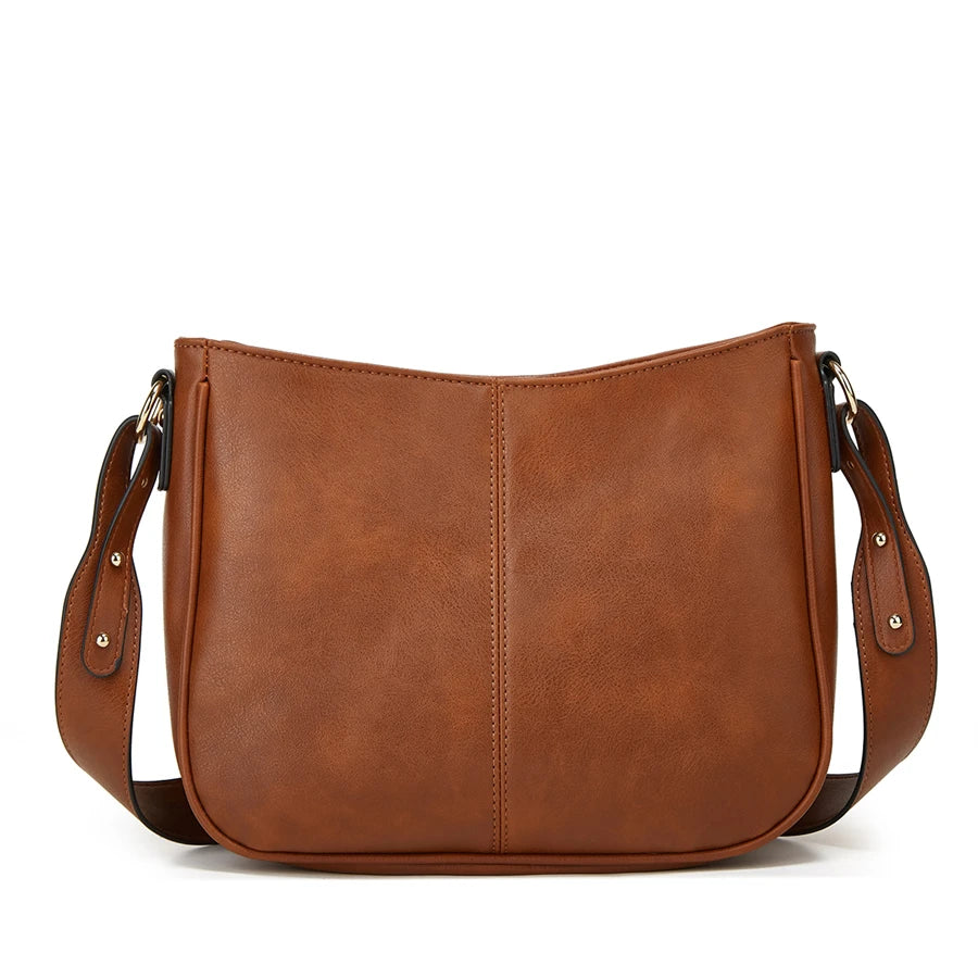 A brown PU leather shoulder crossbody bag with a flap and leather strap.