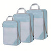 A set of light blue and white fabric storage organizers with handles.