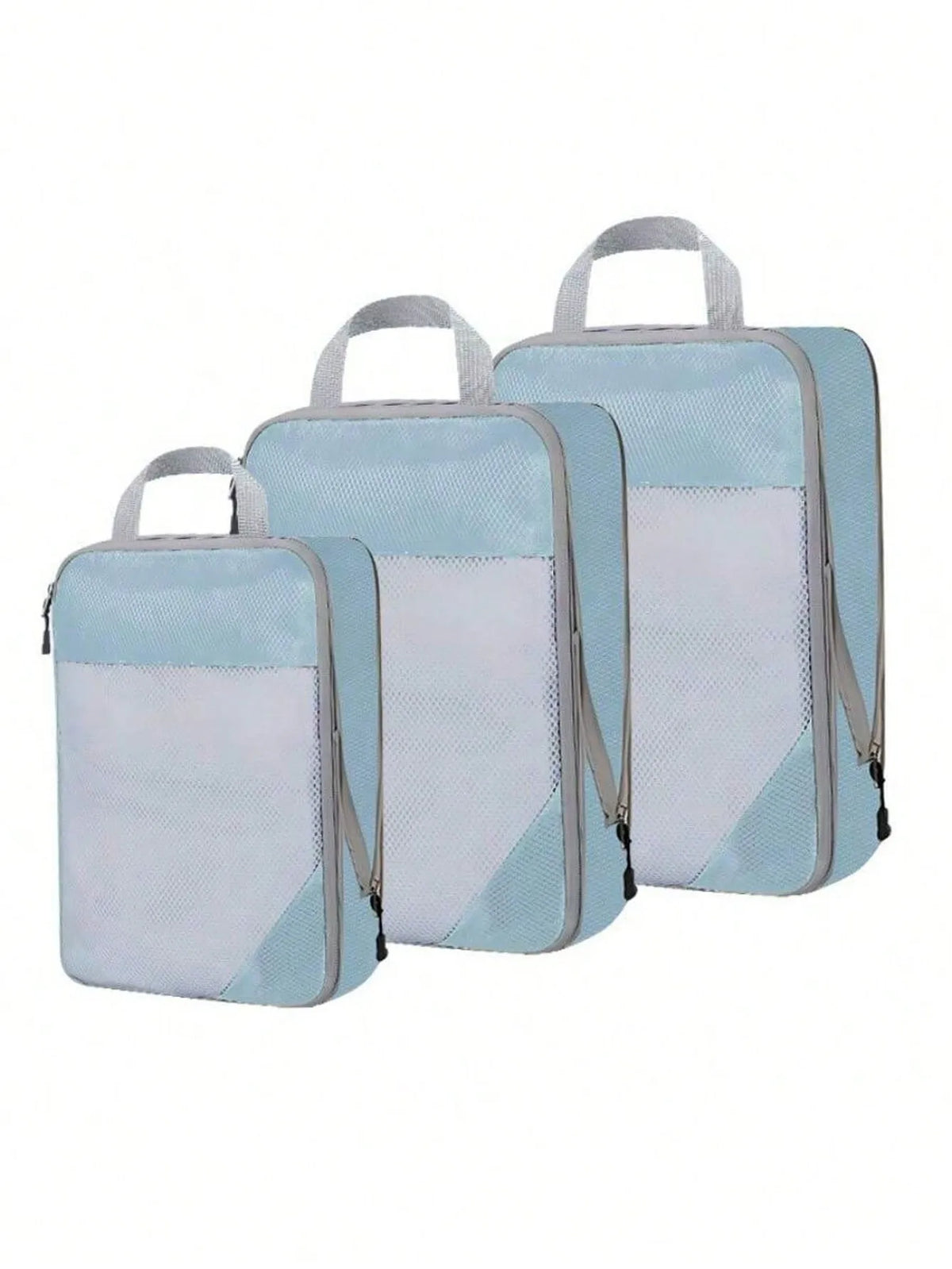 A set of light blue and white fabric storage organizers with handles.