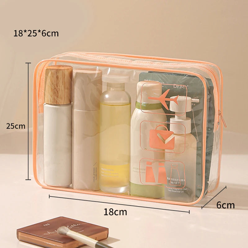 A clear plastic toiletry bag containing various skincare bottles and tubes, shown with dimensions.