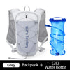 Grey backpack and 2-liter water bottle shown together