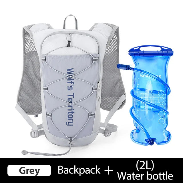 Grey backpack and 2-liter water bottle shown together