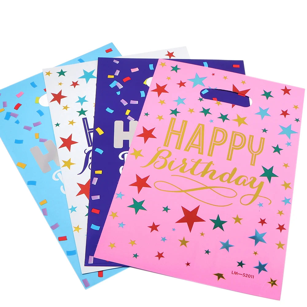 A stack of ten colorful birthday party gift bags featuring various patterns and colors.