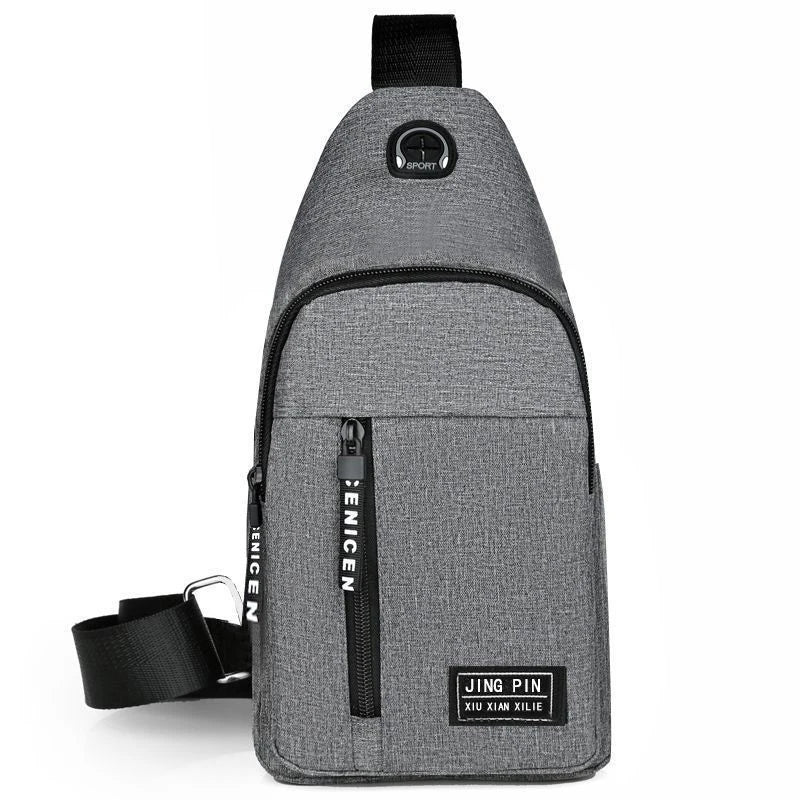 A gray men's versatile crossbody sling chest bag with a black strap and a sports logo.