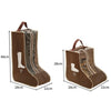 A brown portable waterproof boot storage bag with a handle, showing the interior and exterior dimensions.