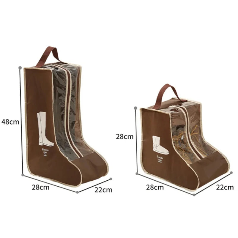 A brown portable waterproof boot storage bag with a handle, showing the interior and exterior dimensions.