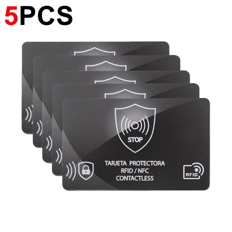Five black RFID blocking cards stacked together for protection of documents and cards