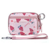 Pink checkered wallet with a strawberry pattern and a clear ID window