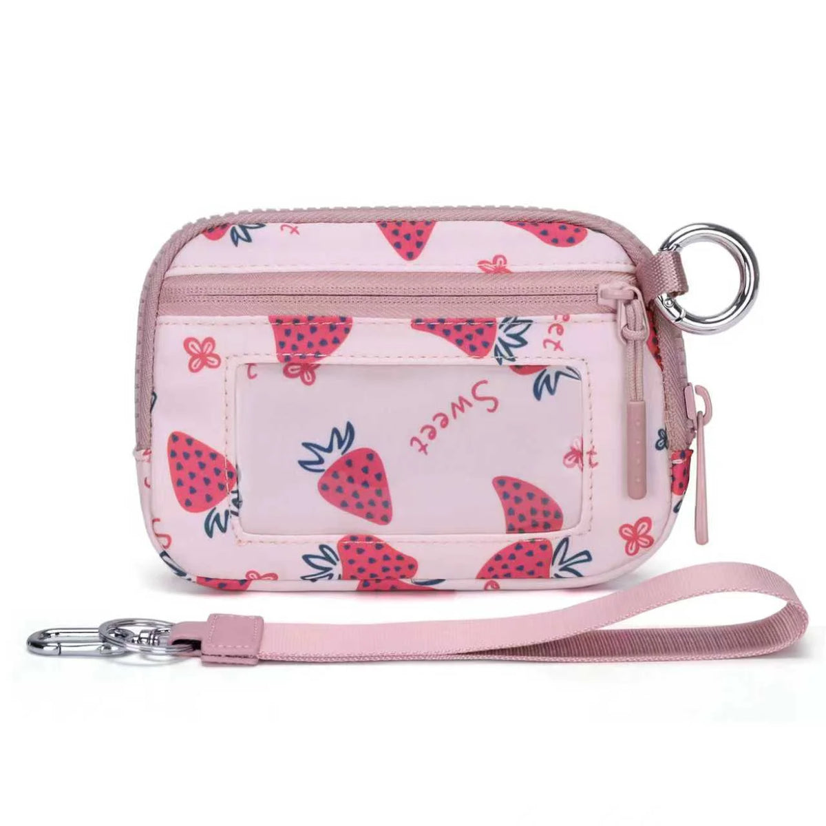 Pink checkered wallet with a strawberry pattern and a clear ID window