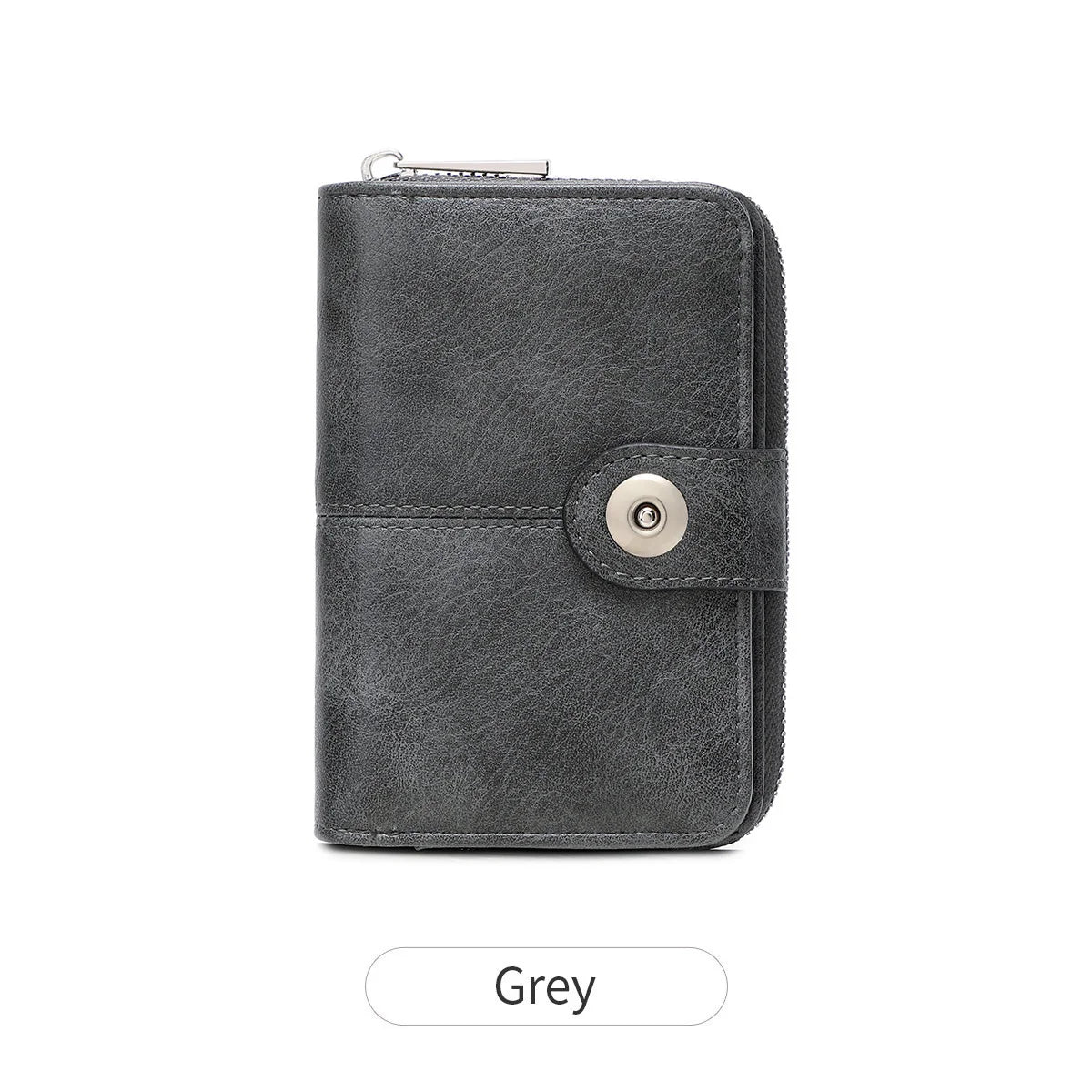A dark grey leather wallet with a zipper closure and a metal accent.