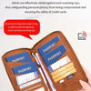 A brown passport holder displaying various passports and an RFID blocking lining for security.