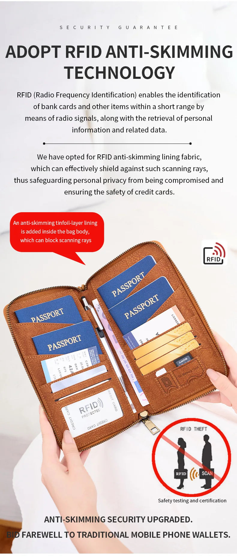 A brown passport holder displaying various passports and an RFID blocking lining for security.