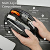 A hand opens a multi-layer compartment organizer pouch showing various storage features like pockets and rings.