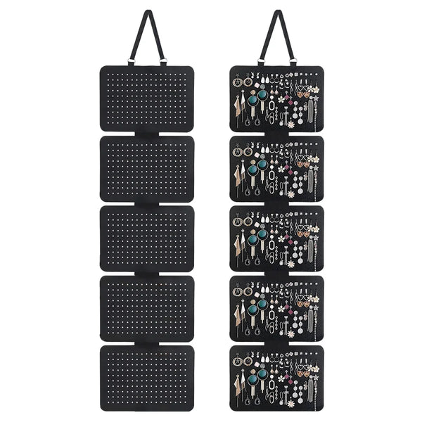 Black wall-mounted jewelry organizer with five stacked compartments for displaying accessories