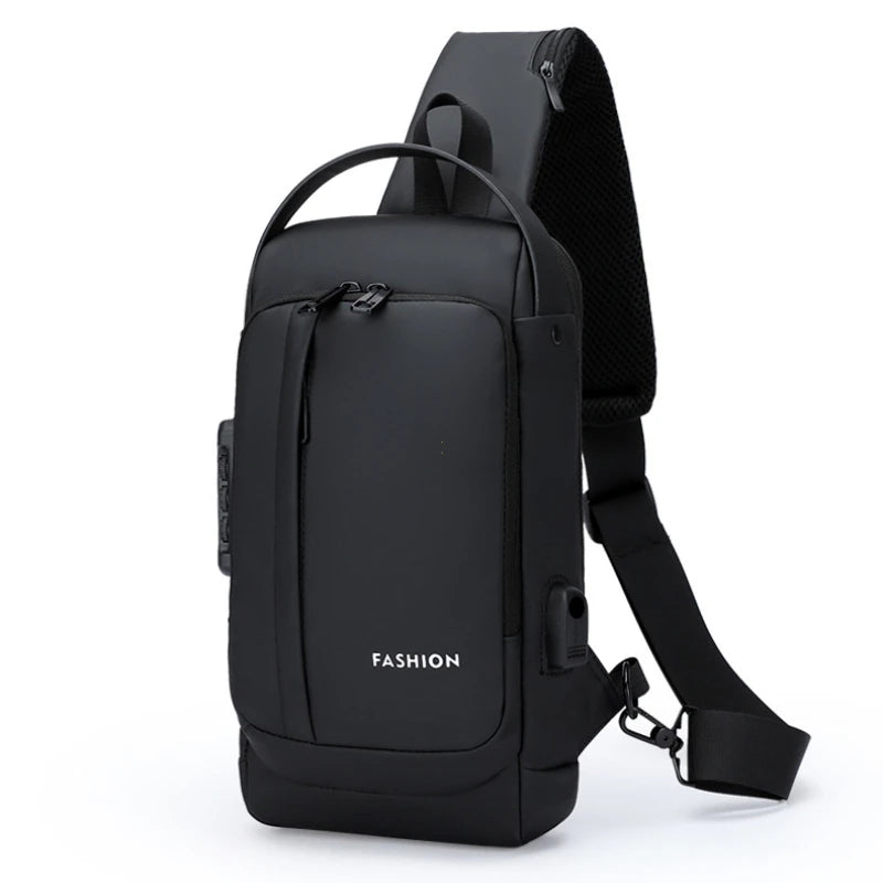 Black anti-theft zippered men's crossbody bag with a padded shoulder strap.