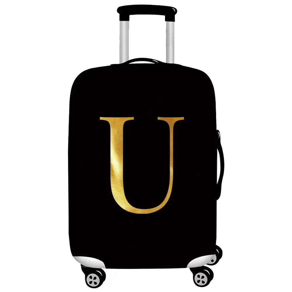 Black thick elastic luggage protective cover with silver handles and wheels