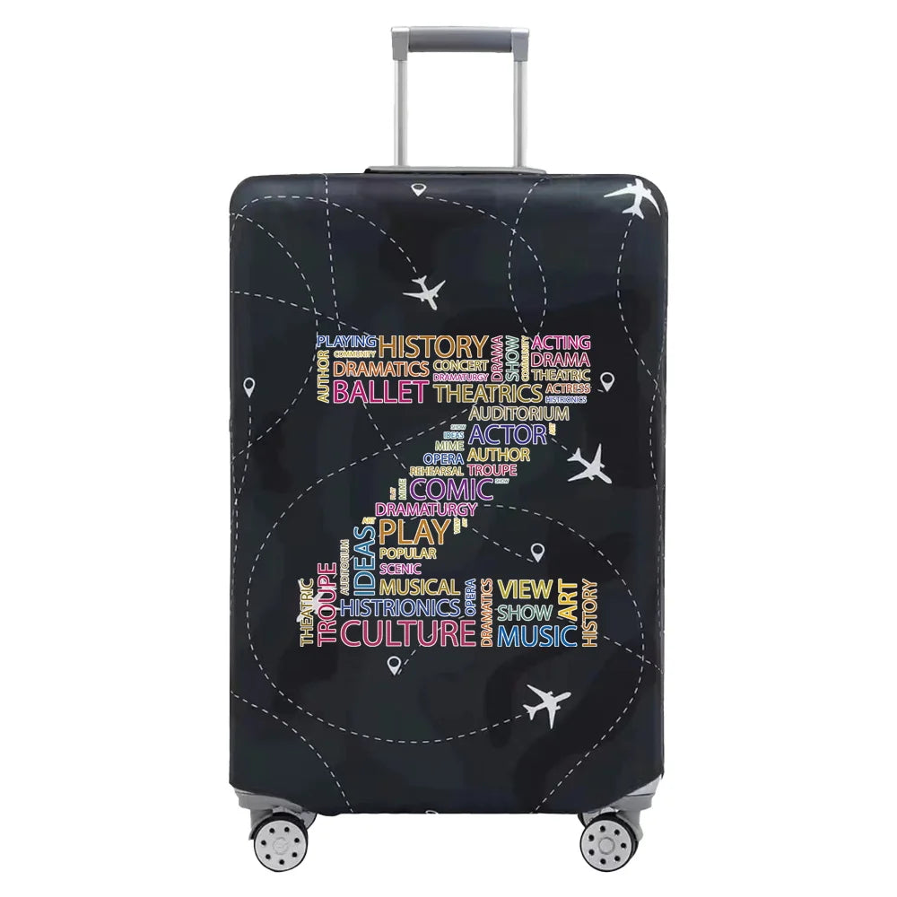 A black stretch fabric luggage protection cover with silver handles and wheels.