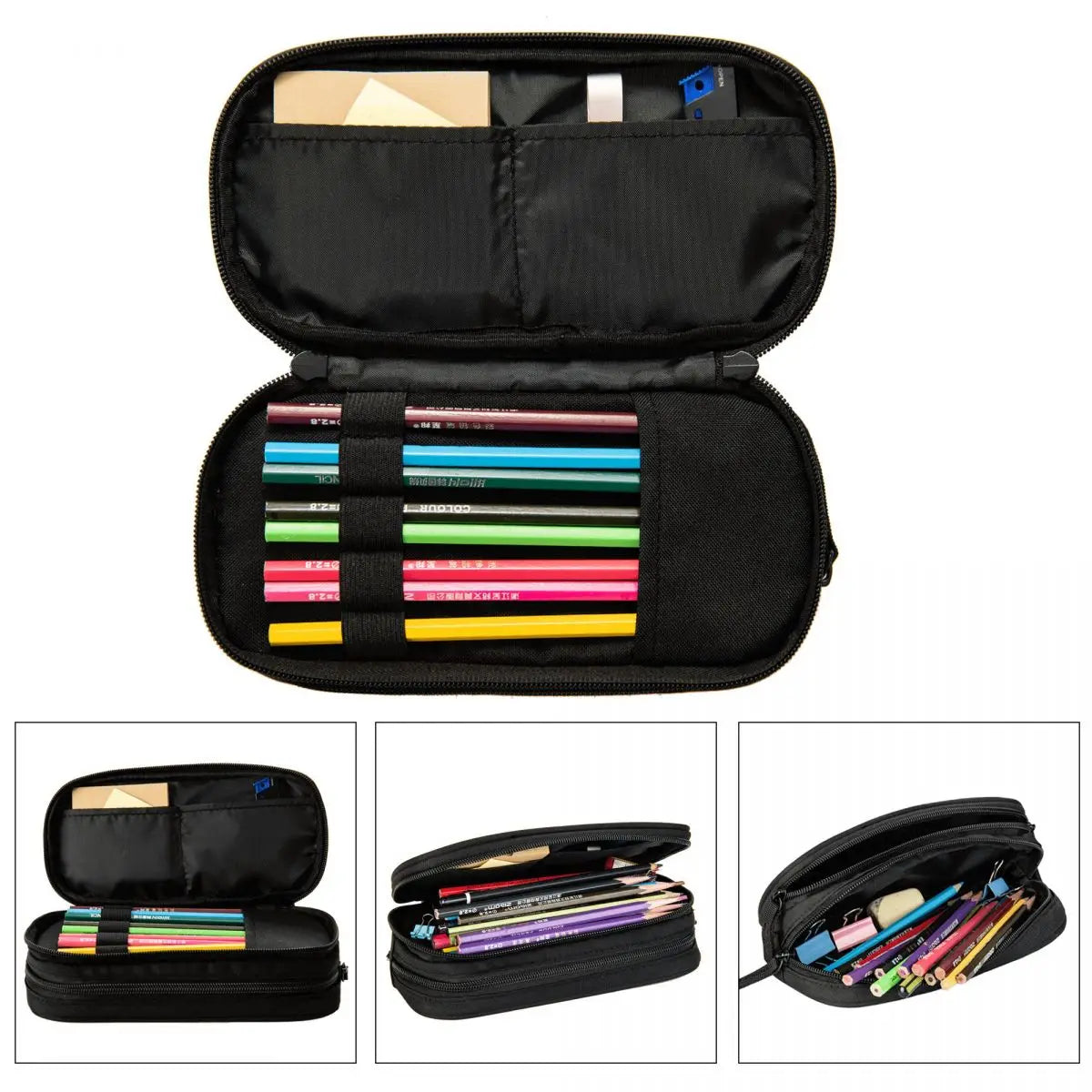 A black luxury leather pencil case shown in various configurations and open to display colored pencils and stationery.