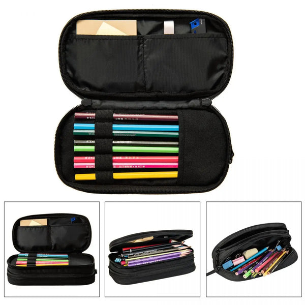 A black luxury leather pencil case shown in various configurations and open to display colored pencils and stationery.