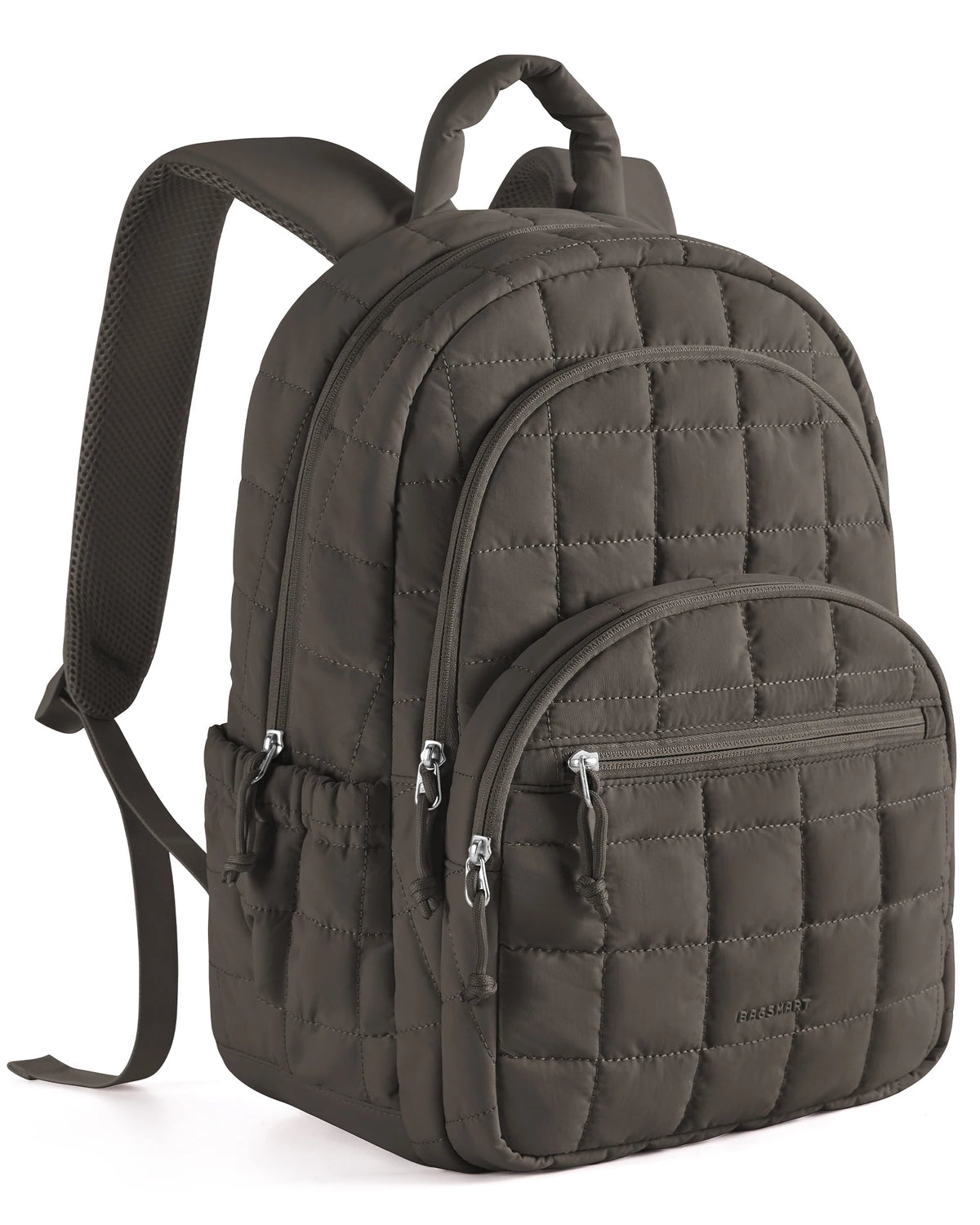 A dark brown quilted laptop backpack with a padded shoulder strap.
