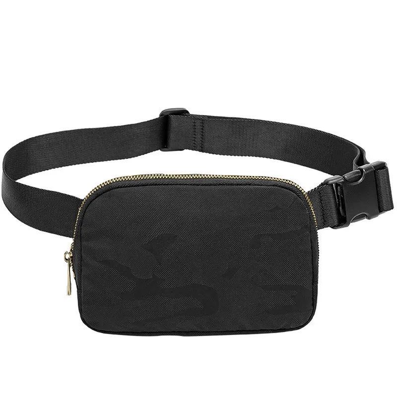 Black waist bag or fanny pack with a gold zipper on a black strap