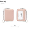 A pink RFID protected accordion wallet with a chain strap is shown.