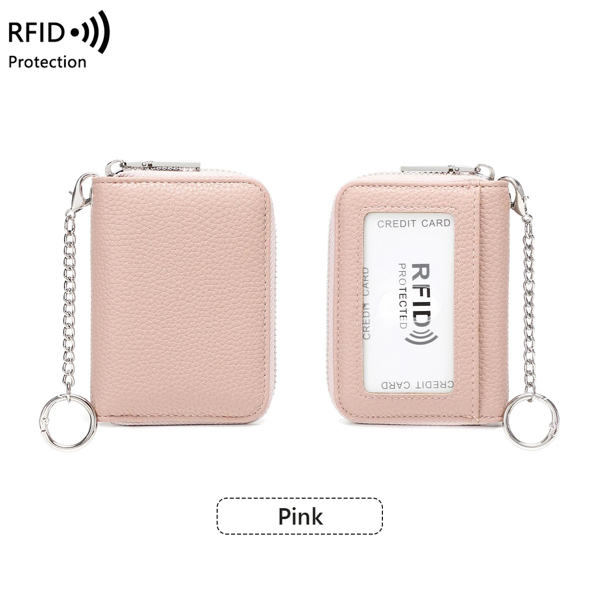 A pink RFID protected accordion wallet with a chain strap is shown.