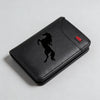 Black faux leather card holder wallet with a silhouette of a horse on the front